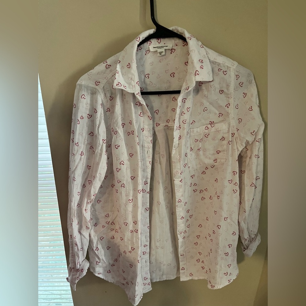 Beachlunchlounge Collection White Pink/White hearts S cotton button up blouse